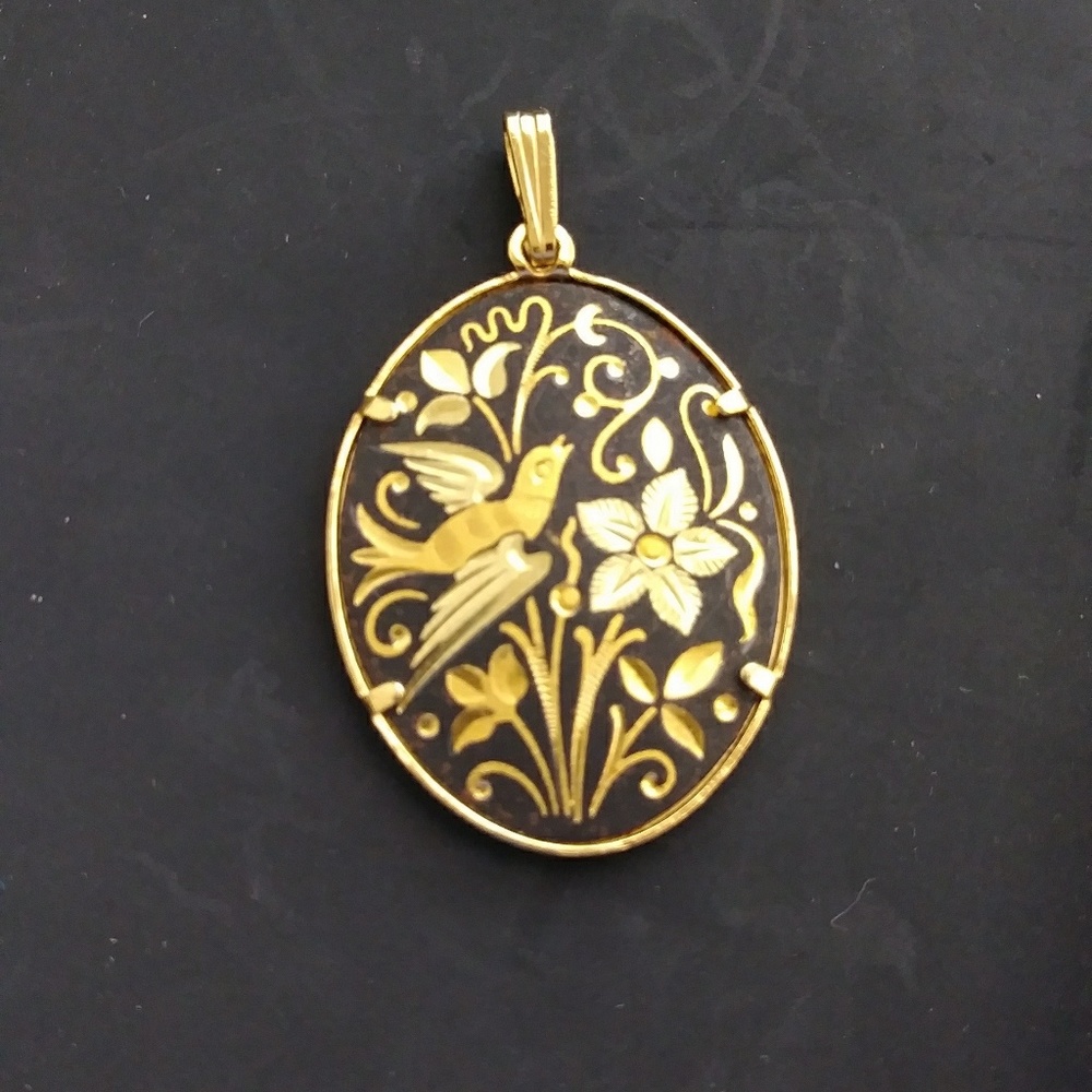 Vintage Spanish Damascene Floral Bird Pendant